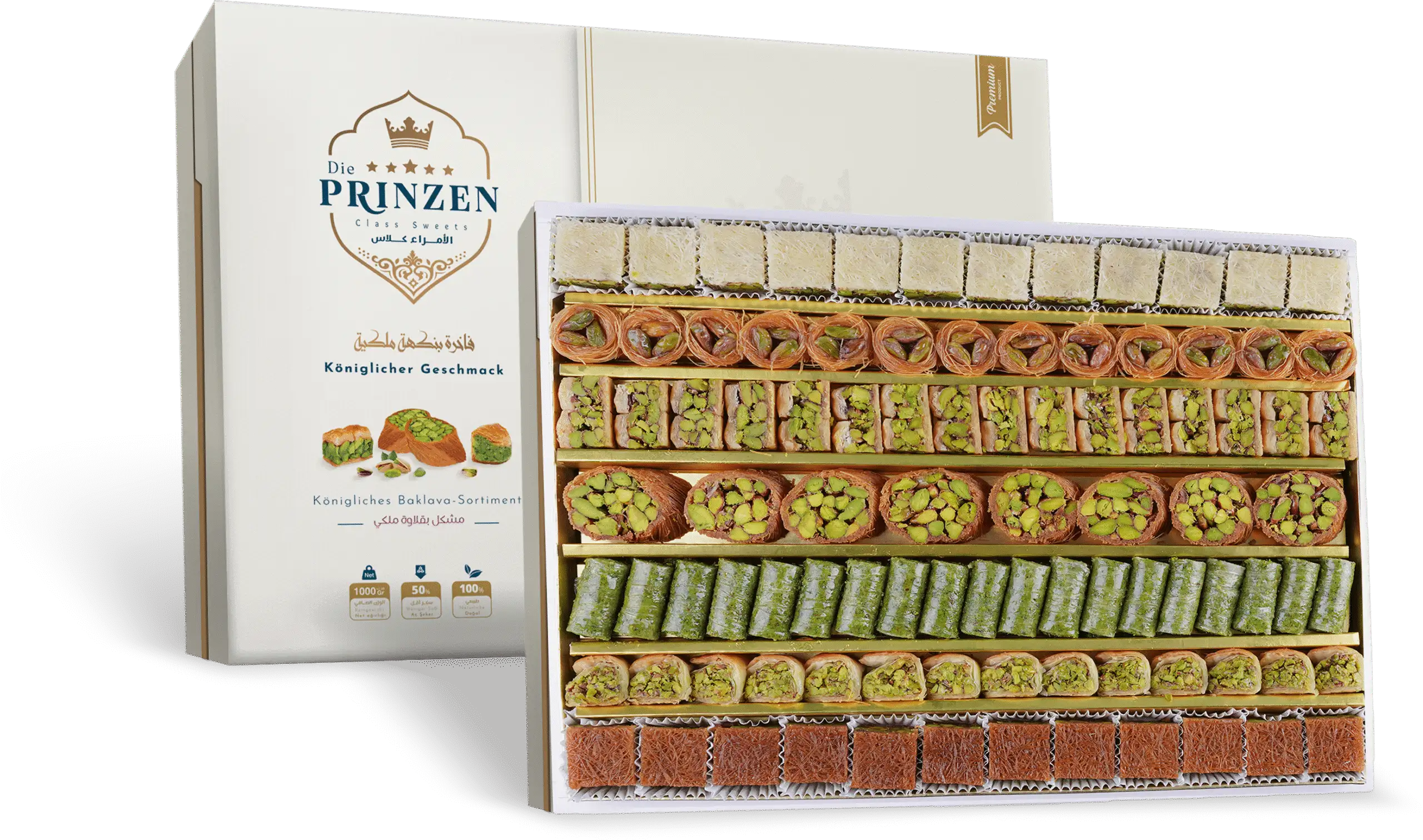 Premium Box Baklava Mix 1000g+ Premium Box Baklava Mix 1000g – Halal Süßigkeiten, edle Baklava-Auswahl mit Pistazien und Cashew, orientalische Spezialität | حلويات الأمراء بقلاوة علبة فاخرة ١٠٠٠ غرام – حلويات حلال مع الفستق والكاجو