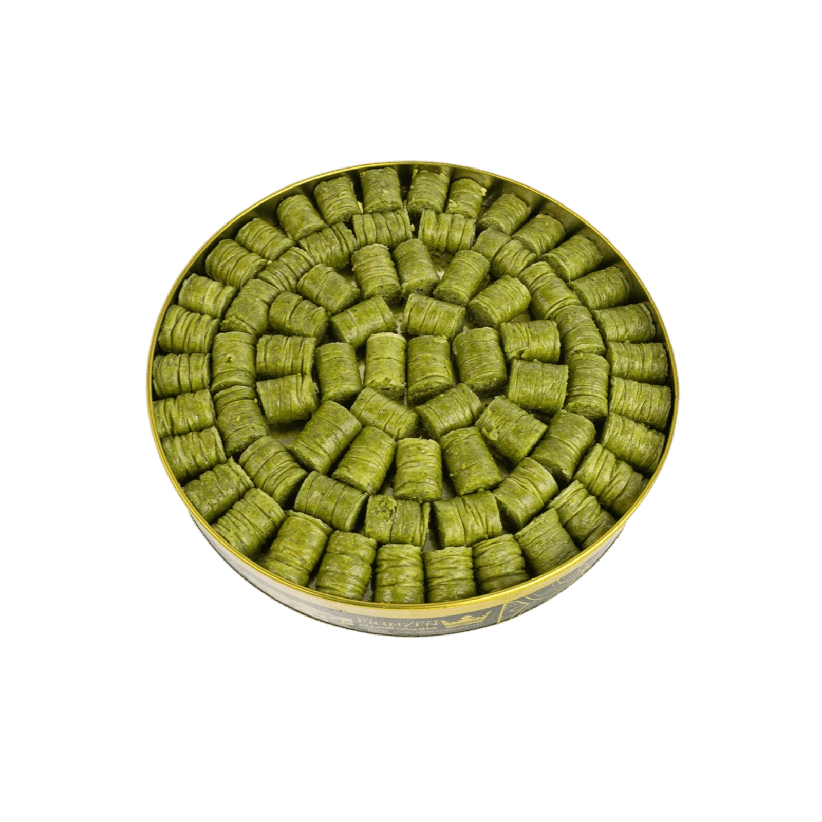 Yabraq-Röllchen Handgefertigte Yabraq-Röllchen mit goldbrauner Teigfüllung, gefüllt mit Pistazien auf weichem Untergrund - يبرق محشوة بالفستق الحلبي