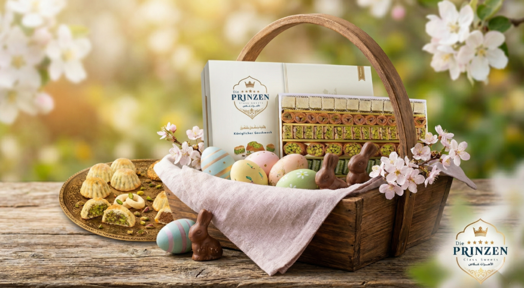 Orientalische Süßigkeiten zu Ostern von Die Prinzen – Baklava und Maamoul Geschenkbox im Osterkorb