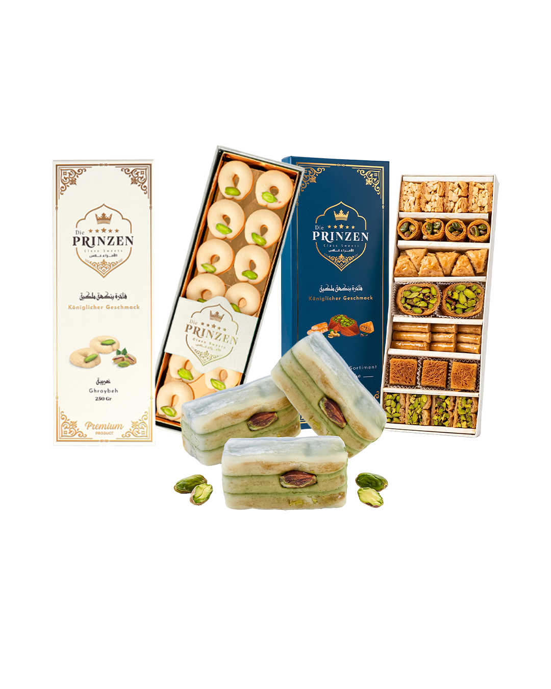 Die Prinzen Geschenkset – Baklava, Ghraybeh & Louzina 750 g Orientalisches Geschenkset mit Pistazien-Ghraybeh, Baklava Mix und Pistazien-Louzina-Rollen – 750 g Die Prinzen